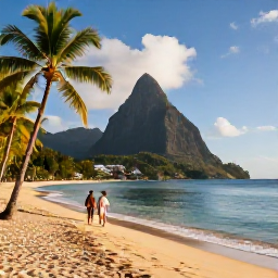 Caribbean Holidays, Saint Lucia Spa Breaks, A quiet golden beach in Saint Lucia with calm turquoise water, palm trees and a couple walking along the shoreline in September