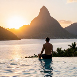 Caribbean Holidays, Saint Lucia Spa Breaks, A relaxed traveller sitting beside a Saint Lucian infinity pool at sunset, looking towards the Pitons and Caribbean Sea