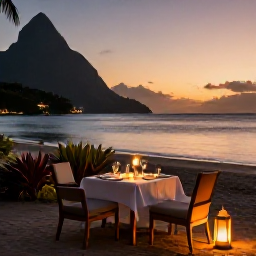 Caribbean Holidays, Saint Lucia Spa Breaks, A romantic beachfront dinner at a Saint Lucia resort in December, with lanterns, tropical plants, calm sea and a warm evening sky