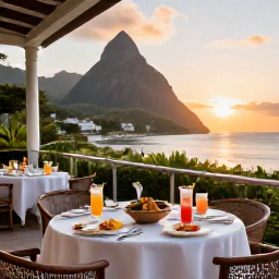 Caribbean Holidays, Saint Lucia Spa Breaks, A stylish Saint Lucia resort terrace at sunset with healthy food, tropical drinks and views across the Caribbean Sea