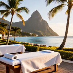 Caribbean Holidays, Saint Lucia Spa Breaks, A tranquil luxury spa overlooking a turquoise Caribbean bay in Saint Lucia, with treatment beds, palm trees and warm October sunlight
