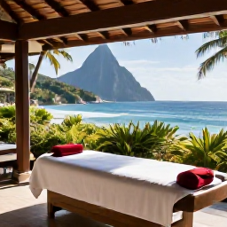 Caribbean Holidays, Saint Lucia Spa Breaks, A tranquil luxury spa overlooking the Caribbean Sea in Saint Lucia, with treatment beds, tropical greenery and soft September sunshine