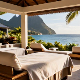 Caribbean Holidays, Saint Lucia Spa Breaks, A tranquil luxury spa overlooking the Caribbean Sea in Saint Lucia, with treatment beds, tropical plants and soft December sunshine