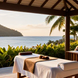 Caribbean Holidays, Saint Lucia Spa Breaks, A tranquil luxury spa overlooking the Caribbean Sea on Saint Lucia, with treatment beds, tropical greenery and warm morning light