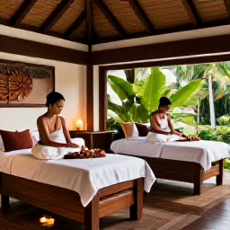 Caribbean Holidays, Saint Lucia Spa Breaks, An elegant Saint Lucia resort spa interior with a couple enjoying a treatment, natural wood, candles, tropical greenery and Caribbean light