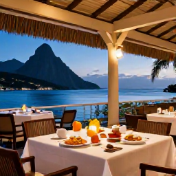 Caribbean Holidays, Saint Lucia Spa Breaks, An elegant Saint Lucia restaurant terrace overlooking the sea, with a healthy breakfast, tropical fruit and relaxed evening lighting