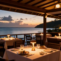 Caribbean Holidays, Saint Lucia Spa Breaks, An elegant Saint Lucian restaurant at sunset serving fresh Caribbean cuisine, with ocean views and softly lit tables