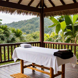 Caribbean Holidays, Saint Lucia Spa Breaks, An open-air spa pavilion in Saint Lucia surrounded by rainforest, with a massage table, bamboo details and views of green hills