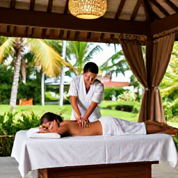 Caribbean Holidays, Saint Lucia Spa Breaks, Couple receiving a relaxing massage in an elegant Saint Lucia spa, open-air treatment room surrounded by lush tropical gardens