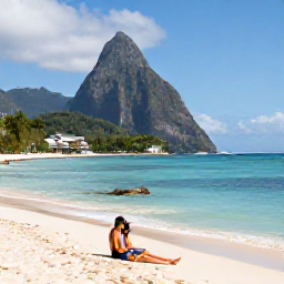 Caribbean Holidays, Saint Lucia Spa Breaks, Couple relaxing beside a quiet Caribbean beach in Saint Lucia with the Pitons visible in the distance