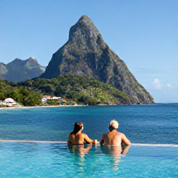 Caribbean Holidays, Saint Lucia Spa Breaks, Couple relaxing beside an infinity pool at a Saint Lucia spa resort, with Pitons and blue sea in the background