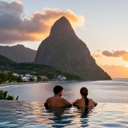 Caribbean Holidays, Saint Lucia Spa Breaks, Couple relaxing beside an infinity pool overlooking the Pitons and Caribbean Sea in Saint Lucia at sunset