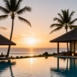 Caribbean Holidays, Saint Lucia Spa Breaks, Elegant Saint Lucia resort at sunset with a spa, palm-lined pool and views towards the Caribbean Sea