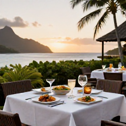 Caribbean Holidays, Saint Lucia Spa Breaks, Elegant Saint Lucia resort restaurant serving fresh Caribbean food at sunset with tropical foliage and ocean views
