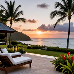 Caribbean Holidays, Saint Lucia Spa Breaks, Elegant Saint Lucia resort terrace at sunset with tropical gardens and Caribbean Sea views