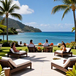 Caribbean Holidays, Saint Lucia Spa Breaks, Elegant Saint Lucia resort terrace with tropical gardens, Caribbean Sea views and guests enjoying a peaceful wellness holiday
