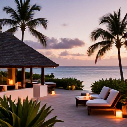 Caribbean Holidays, Saint Lucia Spa Breaks, Elegant Saint Lucia spa resort at sunset, with a candlelit terrace, tropical plants and views across the Caribbean Sea