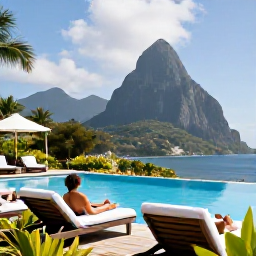 Caribbean Holidays, Saint Lucia Spa Breaks, Luxury Saint Lucia resort pool overlooking the Pitons, with sun loungers, tropical foliage and a couple relaxing after a spa treatment