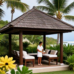 Caribbean Holidays, Saint Lucia Spa Breaks, Open-air Saint Lucia spa pavilion surrounded by palms, with a therapist preparing natural tropical oils