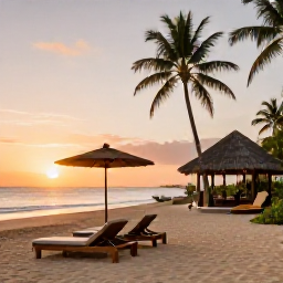 Caribbean Holidays, Saint Lucia Spa Breaks, Quiet Saint Lucia beach at sunset with comfortable loungers, palm trees and a small wellness retreat atmosphere