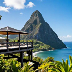 Caribbean Holidays, Saint Lucia Spa Breaks, The Pitons rising above Saint Lucia&rsquo;s green coastline, viewed from a scenic lookout on a clear April day