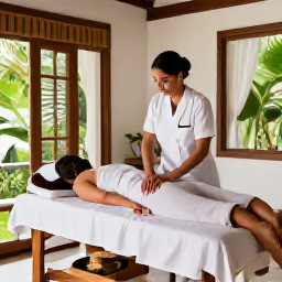Caribbean Holidays, Saint Lucia Spa Breaks, Therapist giving a relaxing massage in a bright Saint Lucia spa treatment room, with natural materials and views of tropical gardens