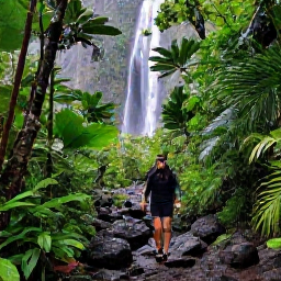 Caribbean Holidays, Saint Lucia Spa Breaks, Traveller enjoying a gentle rainforest walk near a waterfall in Saint Lucia, with lush foliage, volcanic rocks and soft October light