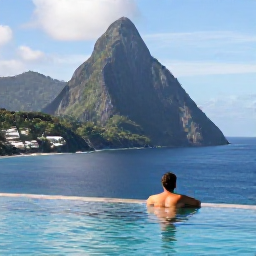 Caribbean Holidays, Saint Lucia Spa Breaks, Traveller relaxing beside an infinity pool with views of the Pitons in Saint Lucia