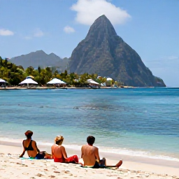 Caribbean Holidays, Saint Lucia Spa Breaks, Travellers relaxing on a sandy beach near calm turquoise water beneath sunny skies in Saint Lucia