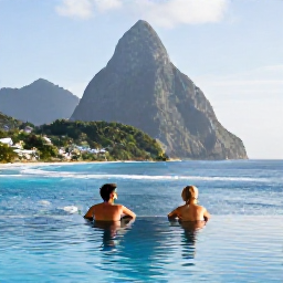 Caribbean Holidays, Saint Lucia Spas, A couple relaxing beside an infinity pool in Saint Lucia, looking towards the Pitons and calm blue sea