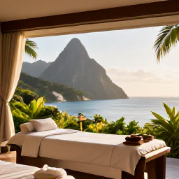 Caribbean Holidays, Saint Lucia Spas, A serene luxury spa overlooking the Caribbean Sea in Saint Lucia, with treatment beds, tropical greenery and soft morning light