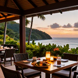 Caribbean Holidays, Saint Lucia Spas, A stylish Saint Lucia resort terrace at sunset with a healthy dinner, tropical plants and views across the Caribbean