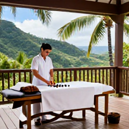 Caribbean Holidays, Saint Lucia Spas, An open-air Caribbean spa treatment room surrounded by palms, with a therapist preparing natural oils and a view of green hills