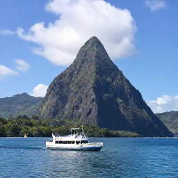 Caribbean Holidays, Saint Lucia Tours, A small boat cruising along the clear blue coastline beneath the Pitons in Saint Lucia