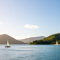 Caribbean Holidays, Saint Lucia Tours, Bright February morning at Marigot Bay in Saint Lucia, with calm turquoise water, green hills and a small sailing boat