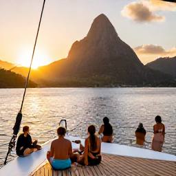 Caribbean Holidays, Saint Lucia Tours, Catamaran sailing along the Saint Lucia coast at sunset, with the Pitons in the background and guests relaxing on deck