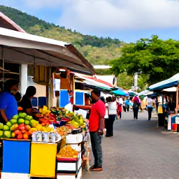 Caribbean Holidays, Saint Lucia Tours, Colourful market street in Castries, Saint Lucia, with local fruit stalls, spices, crafts and friendly shoppers