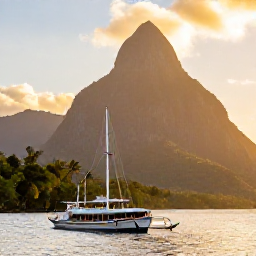 Caribbean Holidays, Saint Lucia Tours, Golden morning light over the Pitons and a traditional boat preparing for a scenic Saint Lucia tour