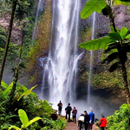 Caribbean Holidays, Saint Lucia Tours, Guided excursion through Saint Lucia rainforest, with a small group walking beside a lush waterfall and tropical plants