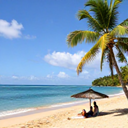 Caribbean Holidays, Saint Lucia Tours, Peaceful Saint Lucia beach in February, with golden sand, palm trees, clear blue water and a couple relaxing under shade