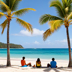 Caribbean Holidays, Saint Lucia Tours, Travellers enjoying a relaxed beach and coastal excursion in Saint Lucia with palm trees and turquoise water