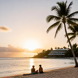 Caribbean Holidays, Saint Lucia Twin Centre, Relaxed Caribbean holiday scene with a couple enjoying a beach sunset in Saint Lucia, palm trees, calm sea and a stylish resort