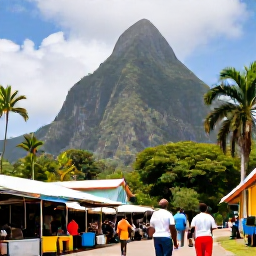 Caribbean Holidays, Saint Lucia Twin Centre, Visitors exploring Soufriere in Saint Lucia with the Pitons behind them, tropical greenery, a local market and colourful Caribbean buildings