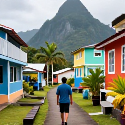 Caribbean Holidays, Saint Lucia Walking, A friendly local guide leading walkers through a Saint Lucia village, with colourful houses, tropical plants and island scenery