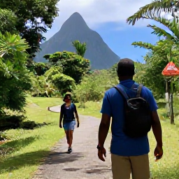 Caribbean Holidays, Saint Lucia Walking, A friendly local walking guide speaking with travellers beside a Saint Lucia trail, with tropical scenery and comfortable walking conditions