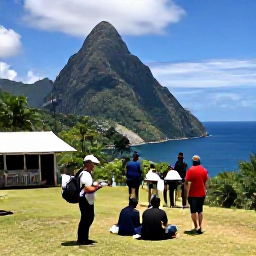 Caribbean Holidays, Saint Lucia Walking, A friendly Saint Lucia walking holiday scene with hikers resting near a viewpoint, tropical hills, blue sea and a small local caf&eacute;