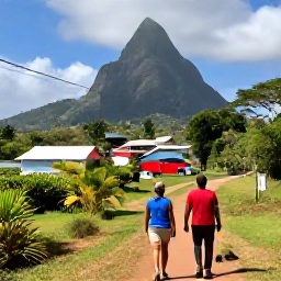 Caribbean Holidays, Saint Lucia Walking, A friendly Saint Lucian guide leading walkers through a village and tropical landscape, with the Pitons in the distance