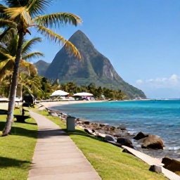 Caribbean Holidays, Saint Lucia Walking, A peaceful coastal footpath in Saint Lucia overlooking a turquoise bay, with a small fishing village and palm trees