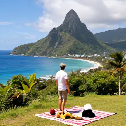 Caribbean Holidays, Saint Lucia Walking, A prepared picnic beside a viewpoint overlooking Saint Lucia&rsquo;s green hills and Caribbean coastline