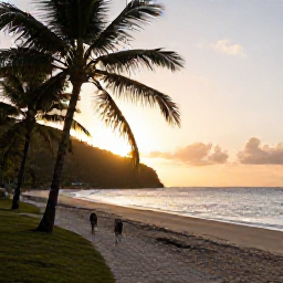 Caribbean Holidays, Saint Lucia Walking, A quiet Saint Lucia beach and coastal path at sunset, with palm trees, warm light and the Caribbean Sea